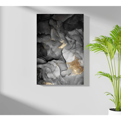 Black and gold abstract insigne aluminum prints with fluid marble patterns