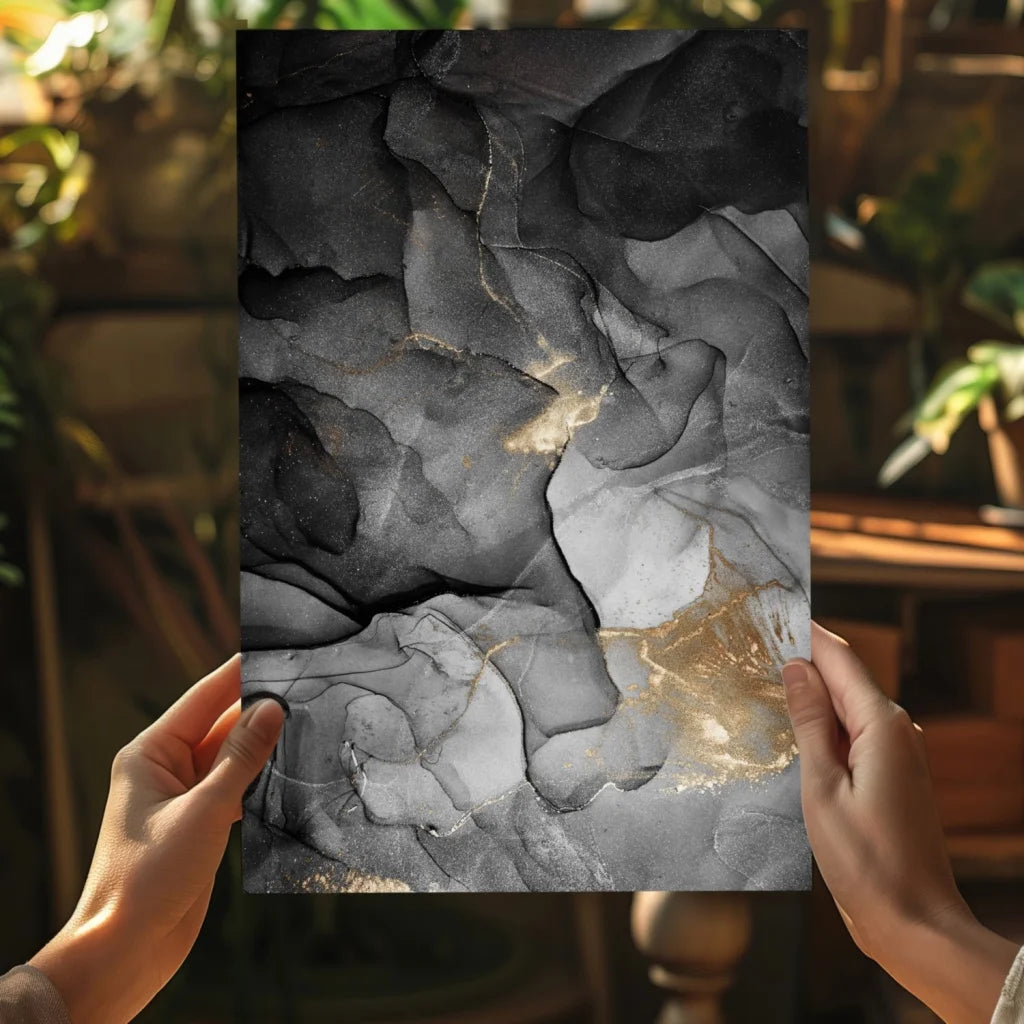 Insigne aluminum prints: black, white, gold marbled abstract art on rectangular print