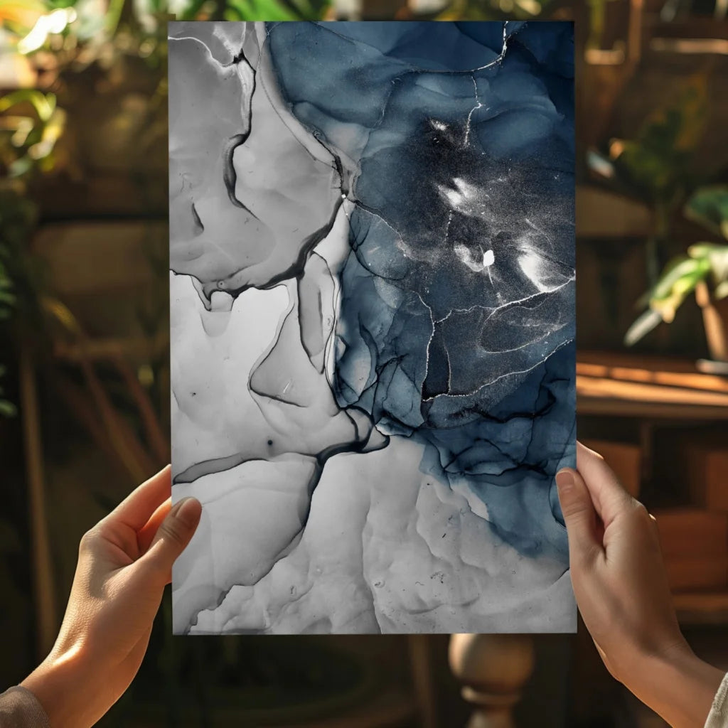 Stunning insigne aluminum prints with swirling navy blue marble design