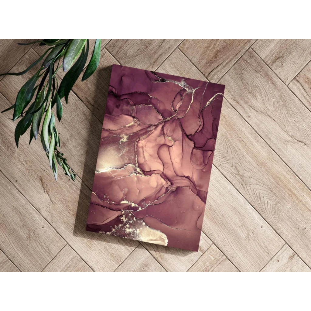 Stunning purple marble insigne aluminum print with swirling purple, rose gold, cream