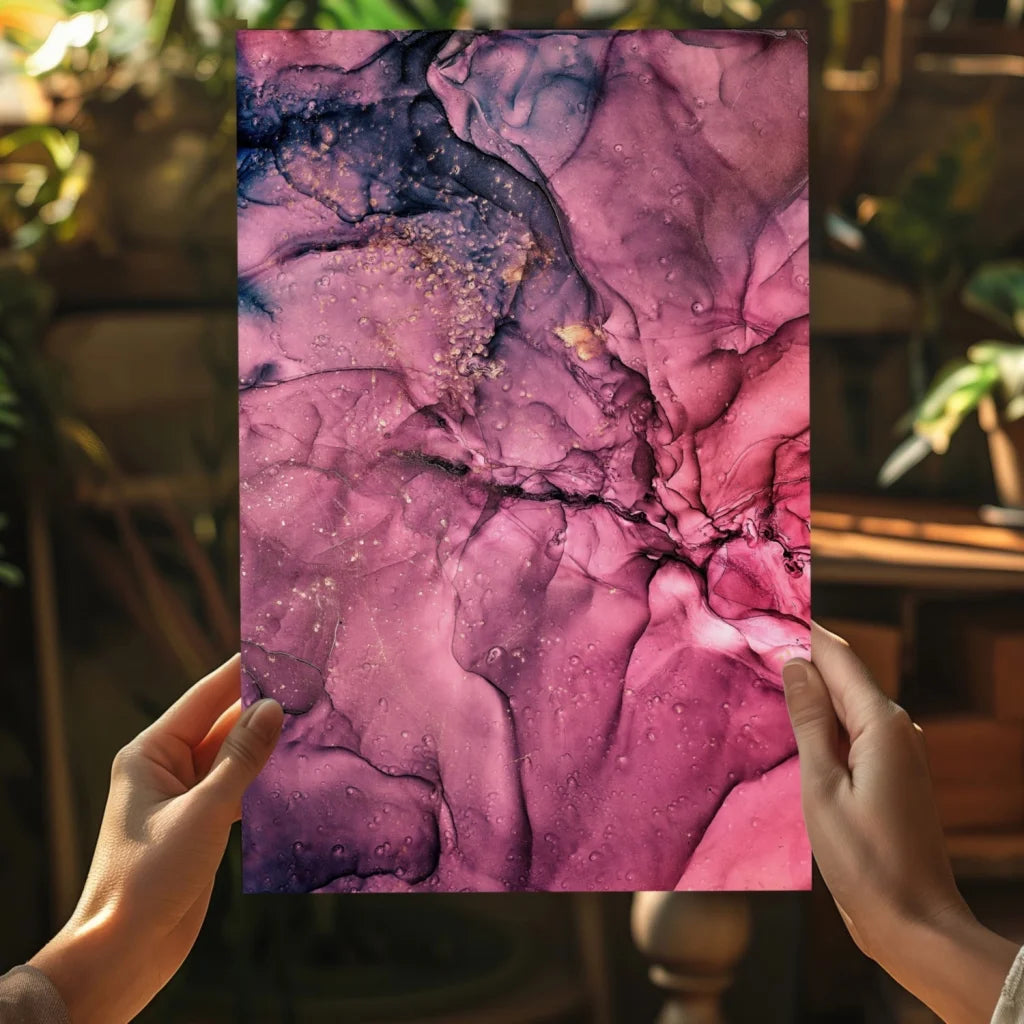 Swirling pink purple Insigne aluminum prints with gold flecks