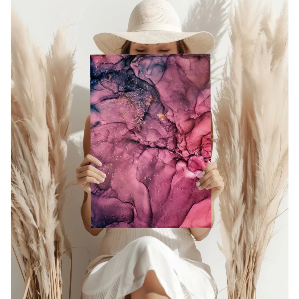 Vibrant abstract swirling pink purple Insigne aluminum print with gold flecks