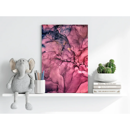 Vibrant pink purple abstract marbled painting on Insigne aluminum print with gold flecks