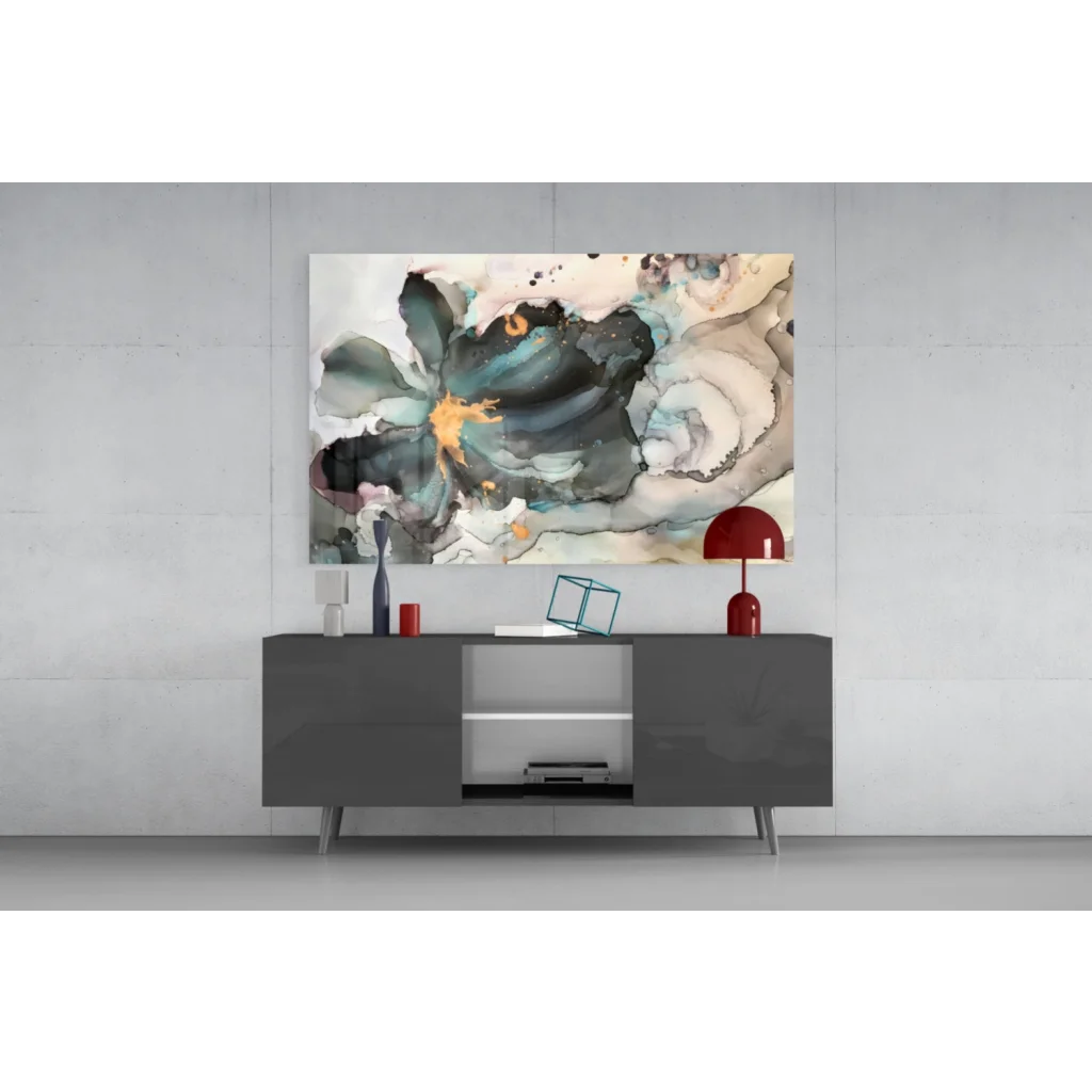 Teal and gold abstract swirl floral canvas wall art in blended hues