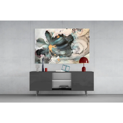 Teal and gold abstract swirl floral canvas wall art in blended hues