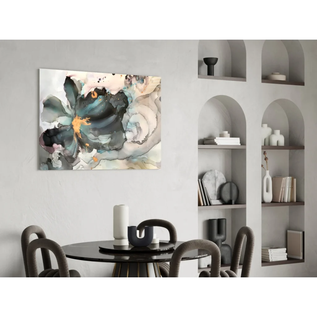 Modern teal and gold abstract swirl floral wall art on matte canvas