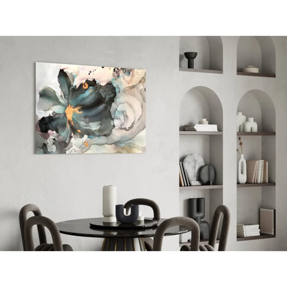 Modern teal and gold abstract swirl floral wall art on matte canvas