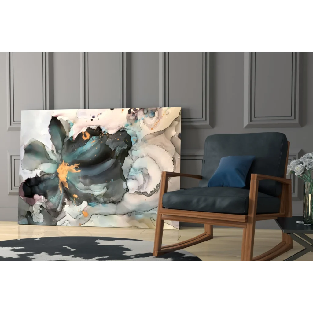 Teal and gold abstract swirl floral canvas wall art painting