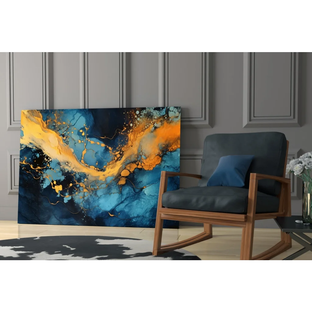 Stunning blue gold swirl glass wall art with vibrant abstract canvas of deep blue and fiery orange gradients