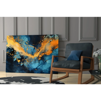 Stunning blue gold swirl glass wall art with vibrant abstract canvas of deep blue and fiery orange gradients