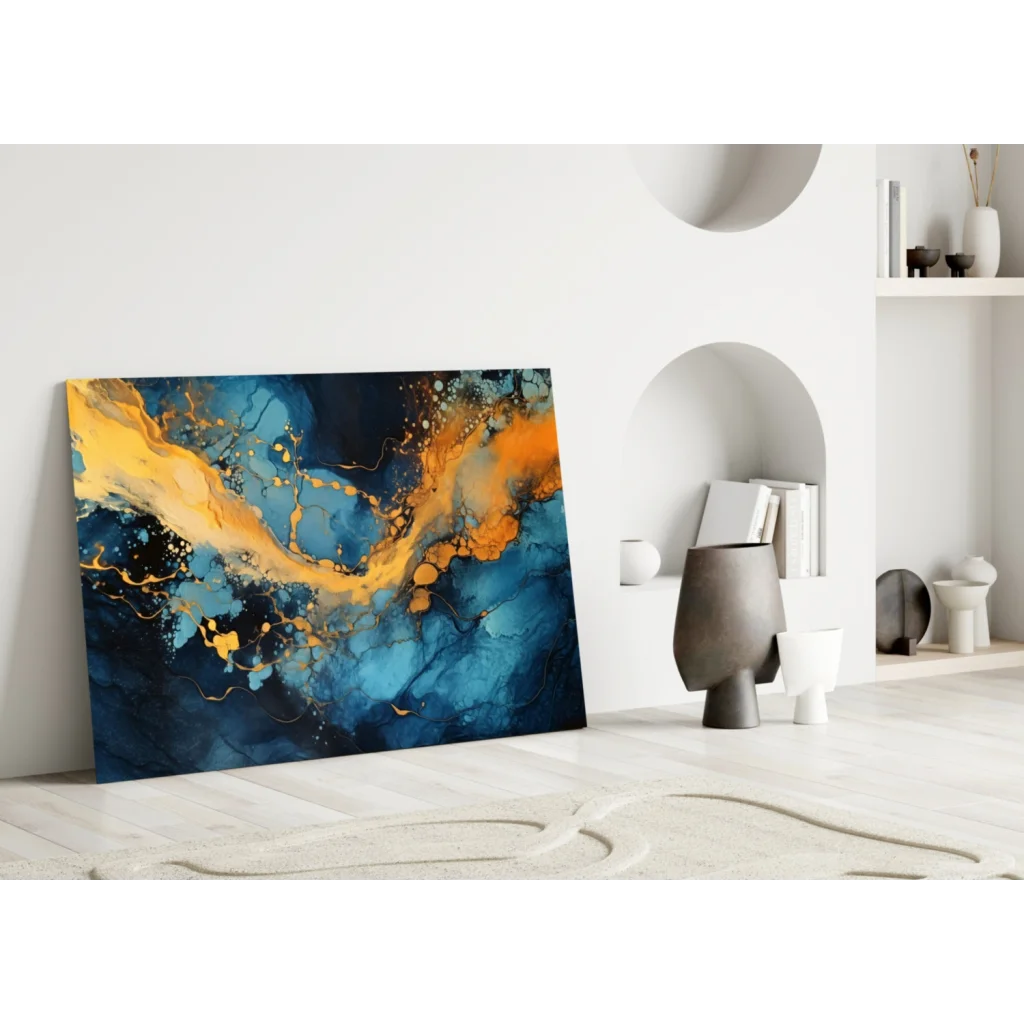 Stunning blue gold swirl glass wall art canvas with vibrant abstract swirls