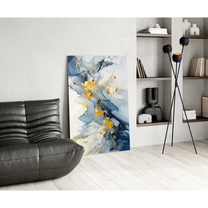 Modern abstract glass wall art with swirling blue, gold, and white patterns