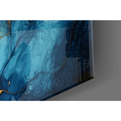 Stunning blue gold swirl glass wall art canvas with glossy marbled finish
