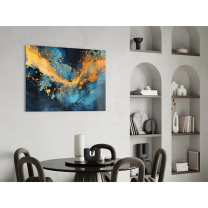 Stunning blue gold swirl glass wall art canvas in modern interior