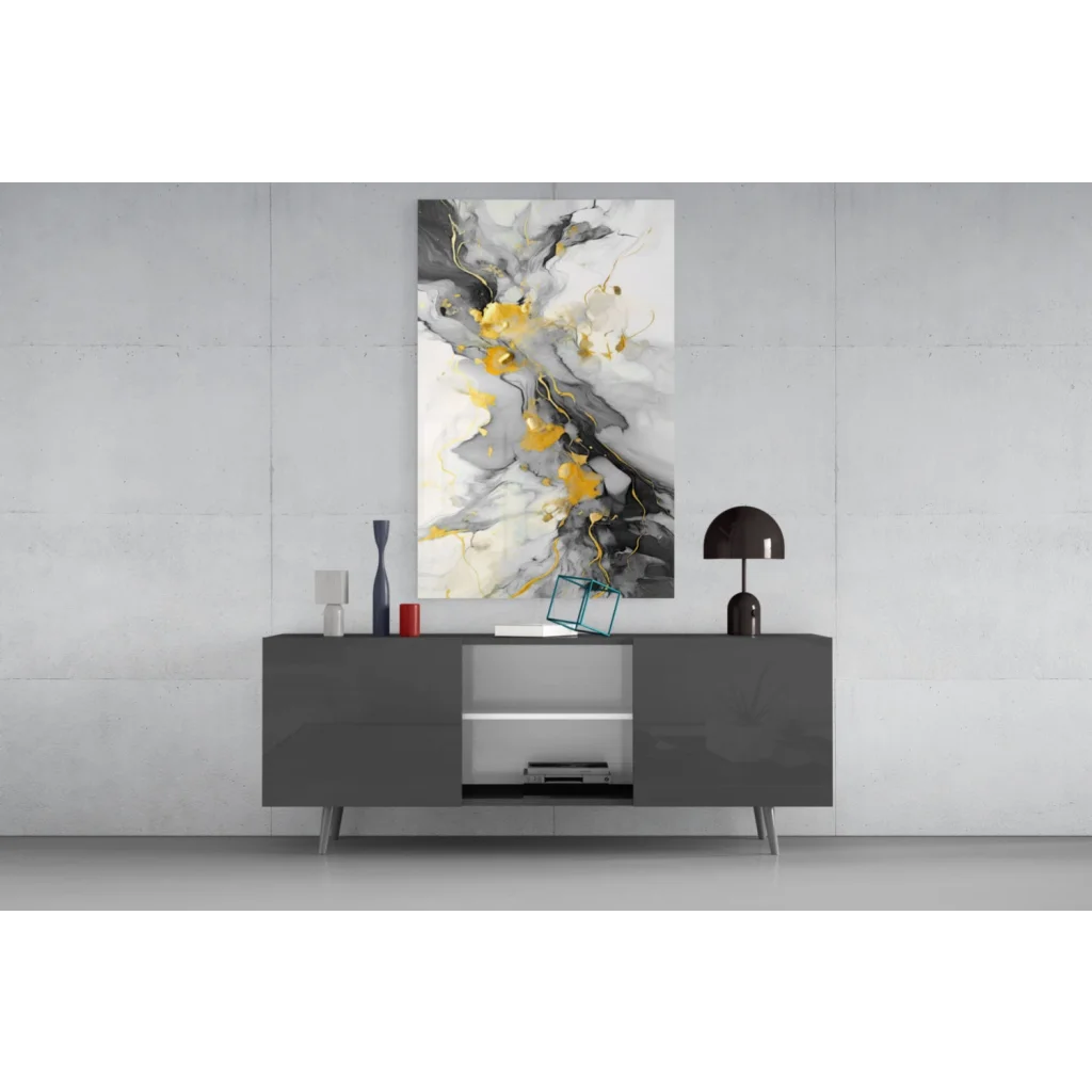 Swirling gold marble abstract canvas wall art with white, gray, yellow swirls