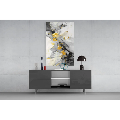 Swirling gold marble abstract canvas wall art with white, gray, yellow swirls