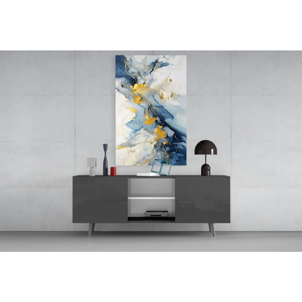Abstract glass wall art with navy blue, gold, white swirls