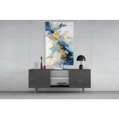 Abstract glass wall art with navy blue, gold, white swirls