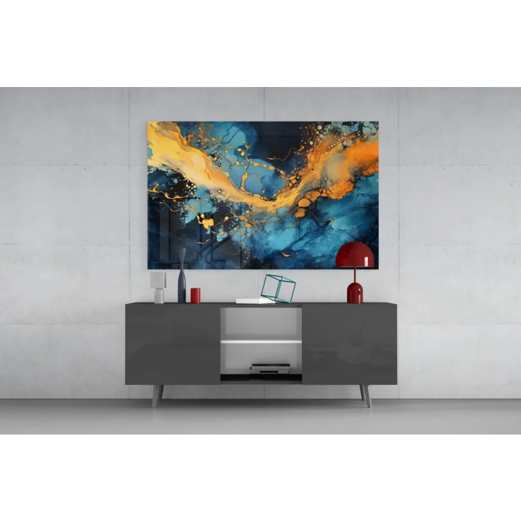 Vibrant swirling blue gold orange glass wall art canvas