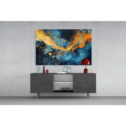 Vibrant swirling blue gold orange glass wall art canvas