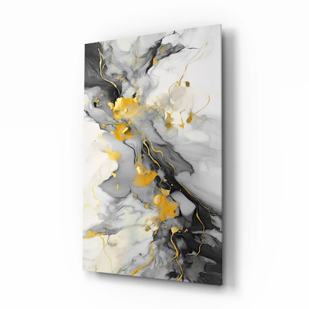 Swirling gold marble abstract canvas wall art with black white patterns