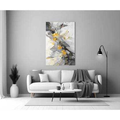 Swirling gold marble abstract canvas wall art with gray and white patterns