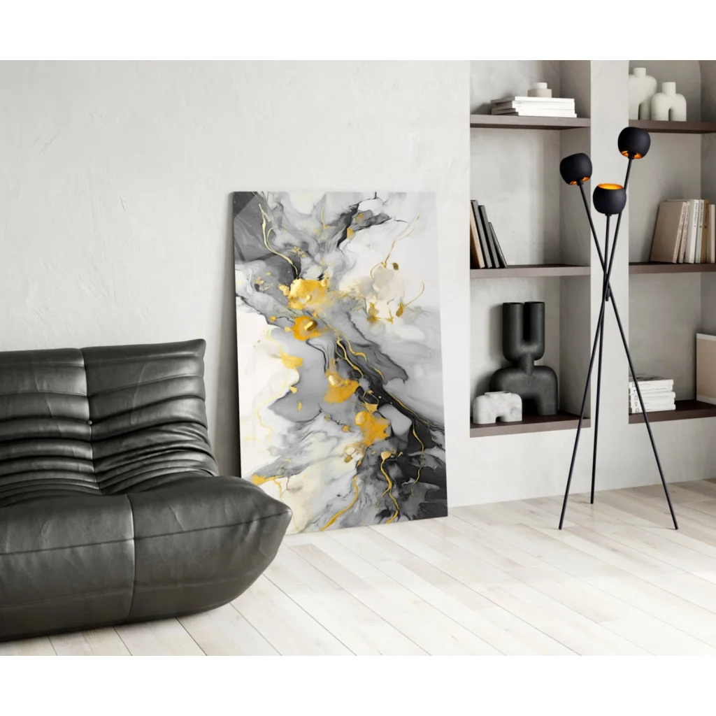 Swirling gold marble abstract canvas wall art with gray white patterns