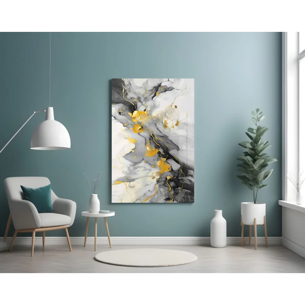 Swirling gold marble abstract canvas wall art in black, white, yellow on teal
