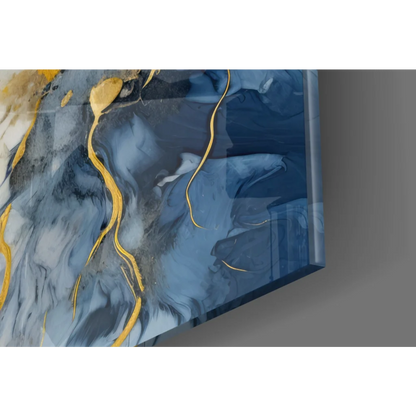Modern abstract glass wall art with navy blue marbled swirls and gold lines