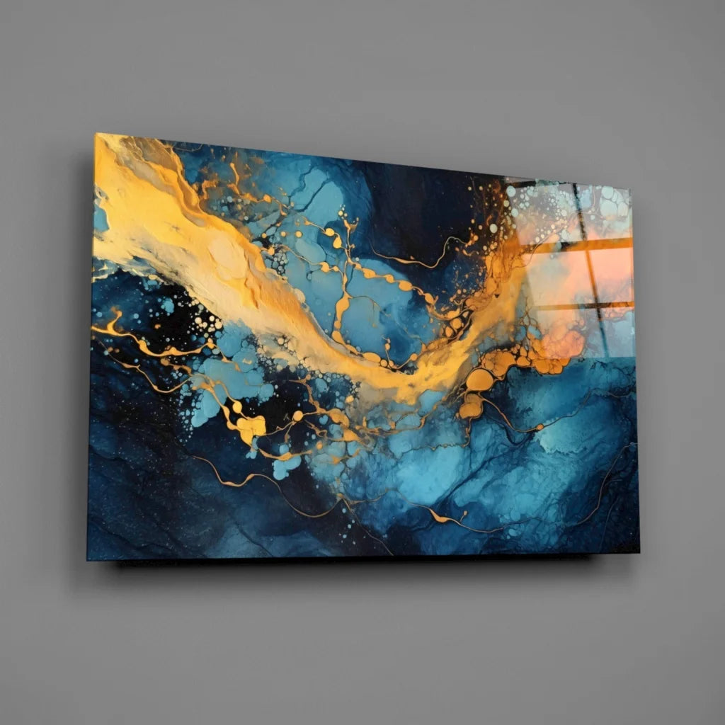 Stunning blue gold swirl glass wall art canvas with cosmic motion