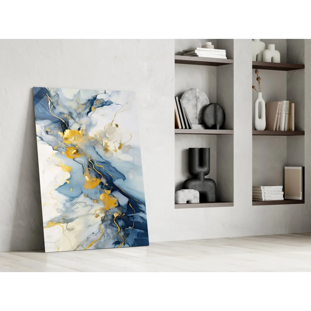 Modern abstract glass wall art print with swirling blue, white, and gold patterns