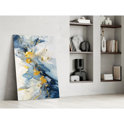 Modern abstract glass wall art print with swirling blue, white, and gold patterns
