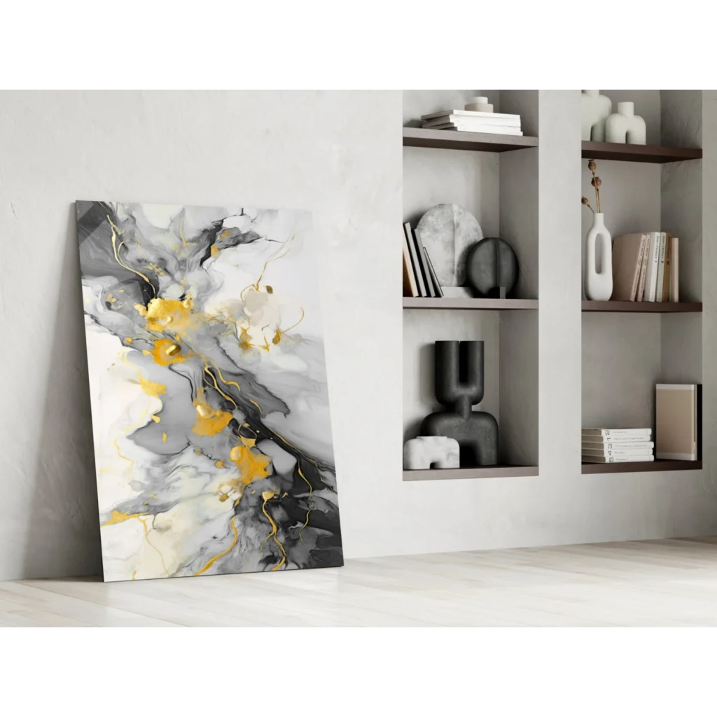 Swirling gold marble abstract canvas wall art with metallic accents