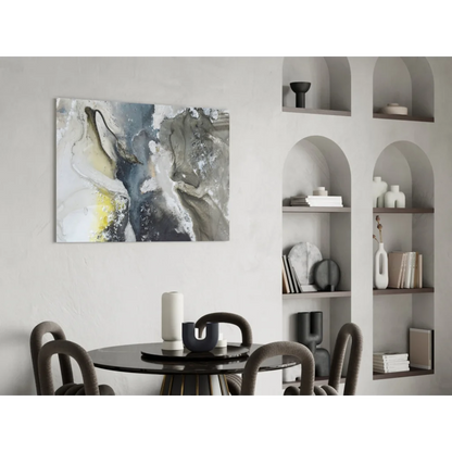 Swirling gray and yellow abstract canvas wall art on display