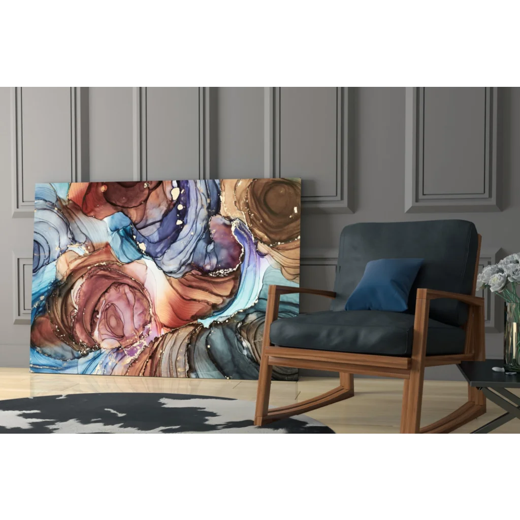 Vibrant abstract glass wall art with swirling blue, purple, brown, and orange hues