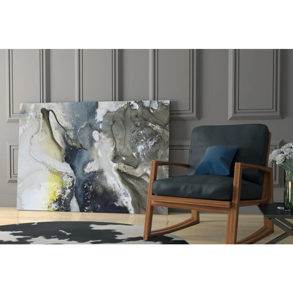 Modern wooden rocking chair with navy seat and pillow wall art