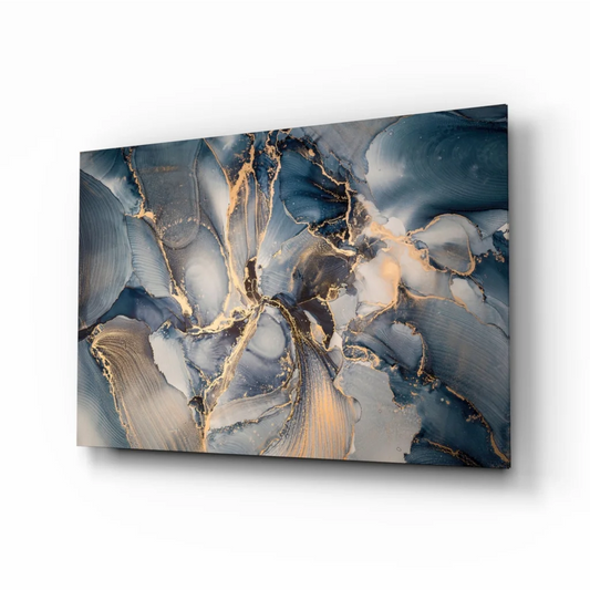 Swirling blue gold abstract canvas wall art with deep blue, gray, and metallic gold patterns