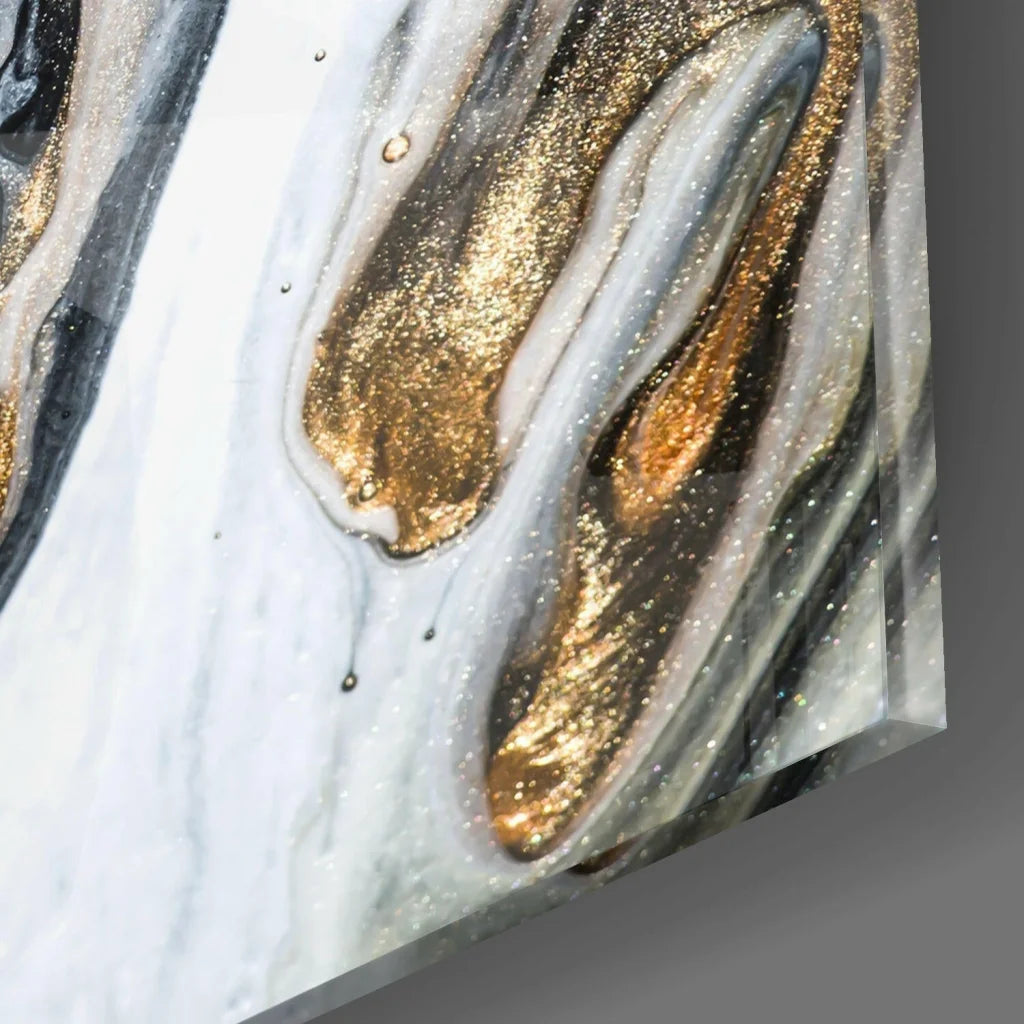 Stunning gold marble glass wall art with swirling black and white