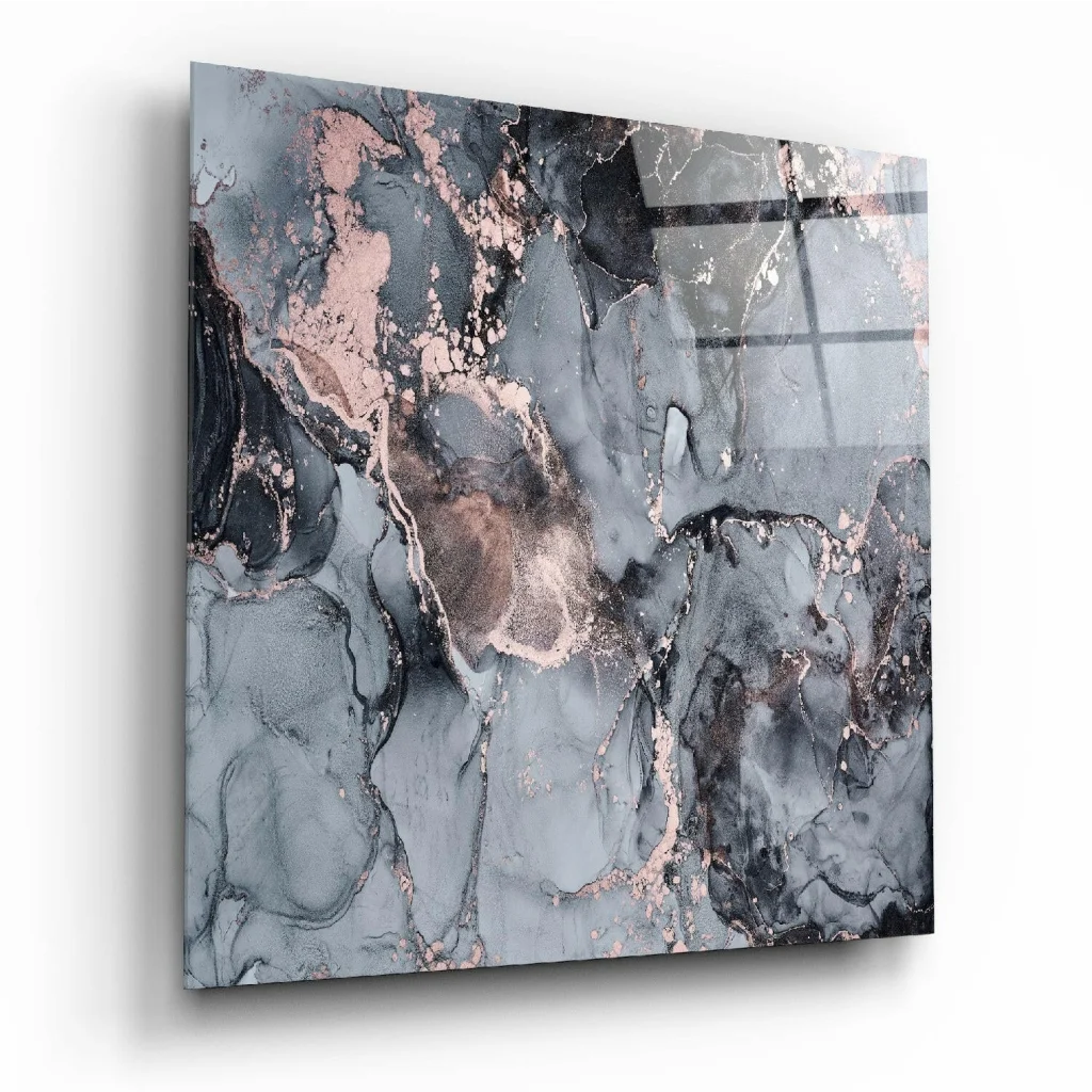 Sleek rose gold marble glass wall art panel with swirling abstract patterns