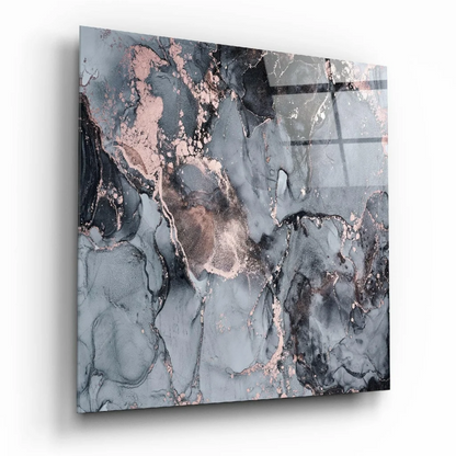 Sleek rose gold marble glass wall art panel with swirling abstract patterns
