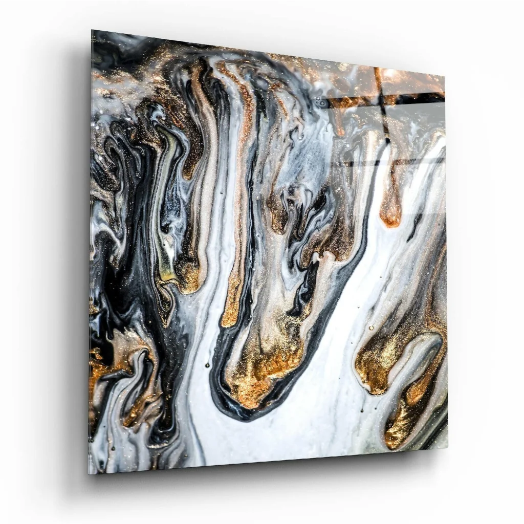 Stunning gold marble glass wall art with swirling black and white patterns