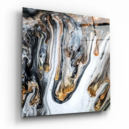 Stunning gold marble glass wall art with swirling black and white patterns