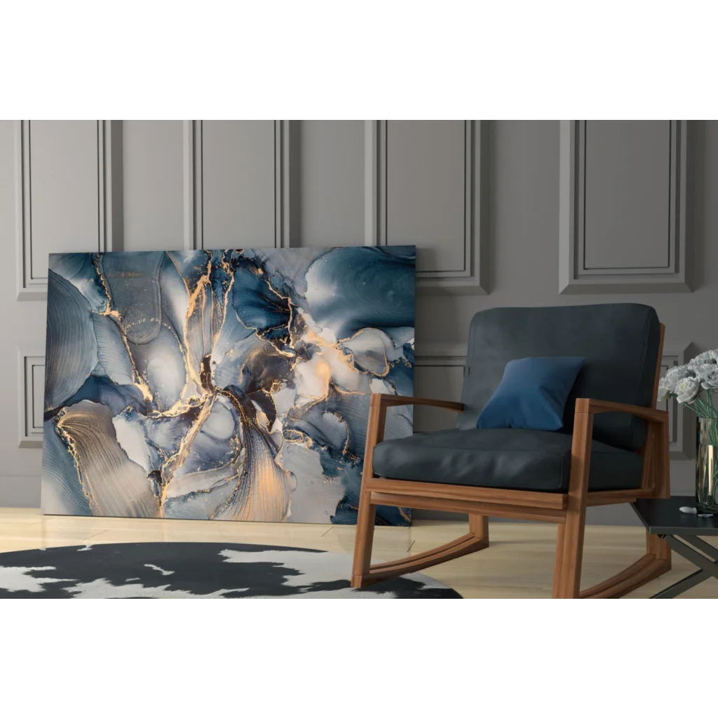 Swirling blue gold abstract canvas wall art with fluid marbled patterns