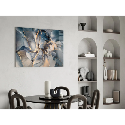 Swirling blue gold abstract canvas wall art with glossy finish