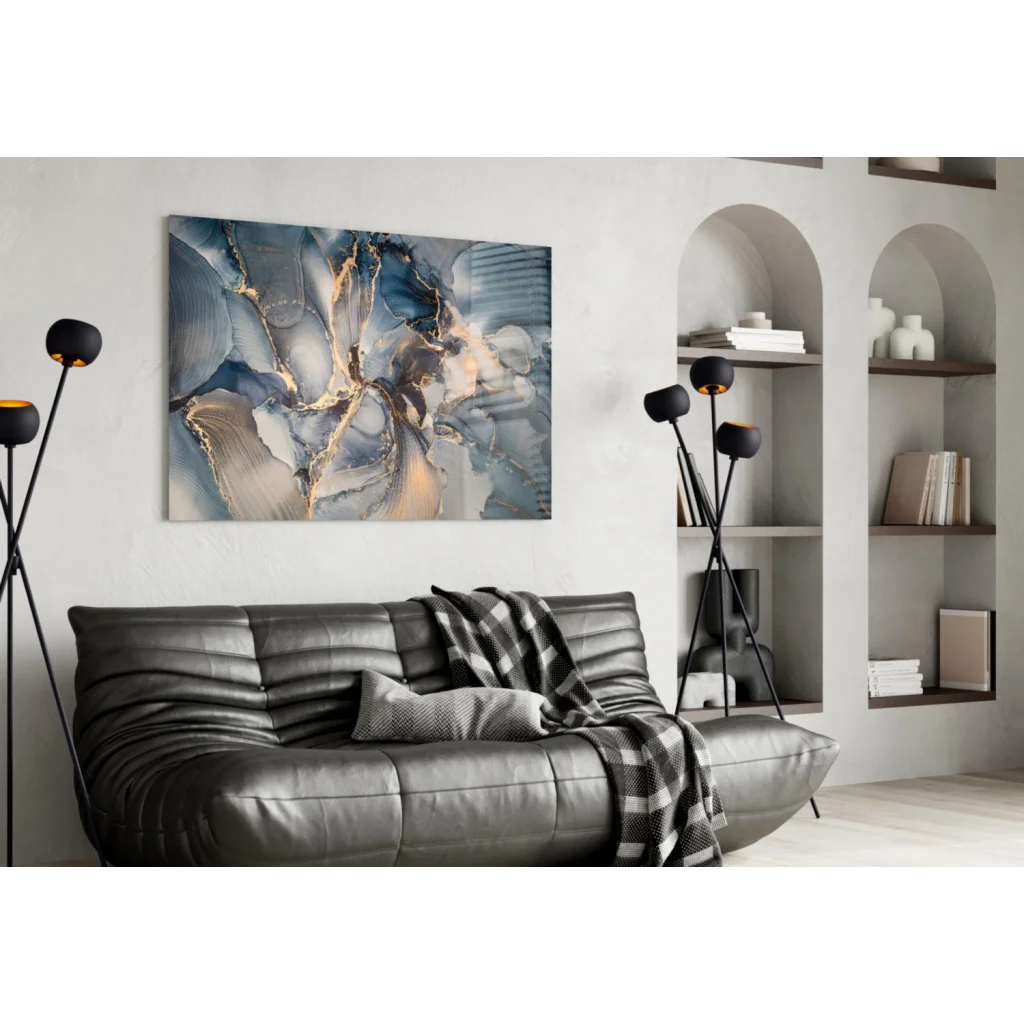 Modern swirling blue gold abstract canvas wall art with gradients
