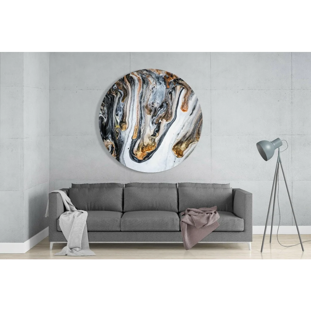 Stunning gold swirl tempered glass art circle with black white patterns
