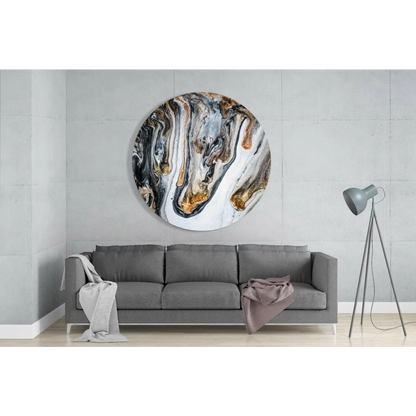 Stunning gold swirl tempered glass art circle with black white patterns