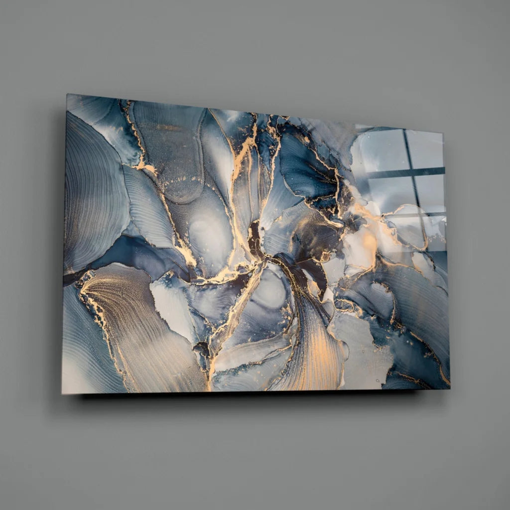 Swirling blue gold abstract canvas wall art with metallic gradients