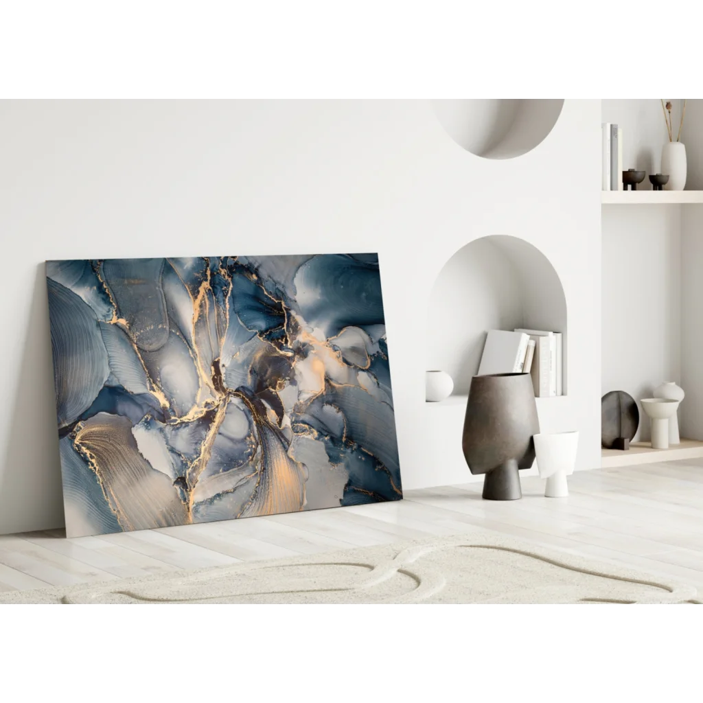 Modern swirling blue gold abstract canvas wall art with deep gradients