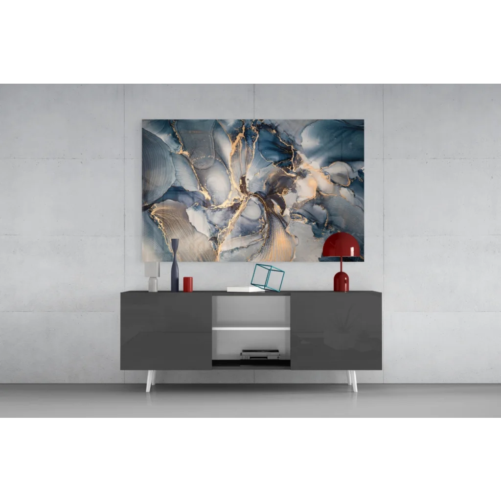 Swirling blue gold abstract canvas wall art with metallic hues